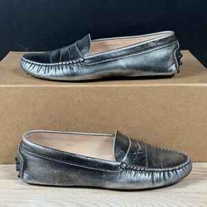 Tods Loafers Womens Size 6.5 Silver Black Gommino Driving Leather Shoes Italy